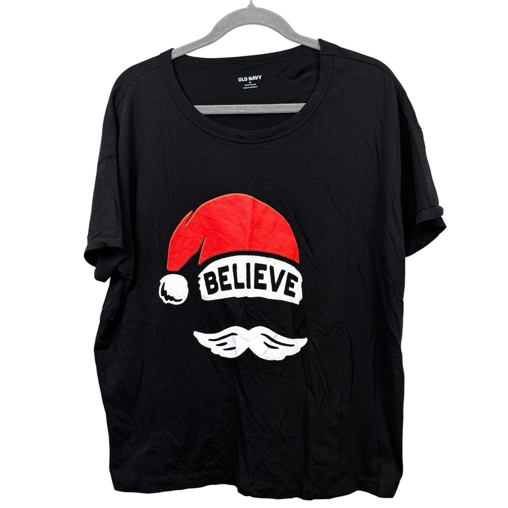 Old Navy Women Graphic T-Shirt Top Christmas Believe Santa Hat Black Size XL*